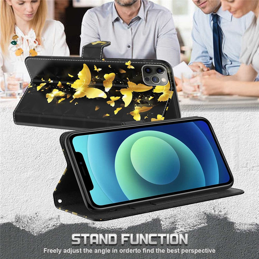 For iPhone 14 6.1 inch Shockproof PU Leather Phone Case Stand 3D Pattern Printed Magnet Closure Wallet Full Protection Phone Cover with Strap