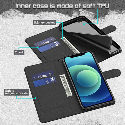 For iPhone 14 6.1 inch Shockproof PU Leather Phone Case Stand 3D Pattern Printed Magnet Closure Wallet Full Protection Phone Cover with Strap