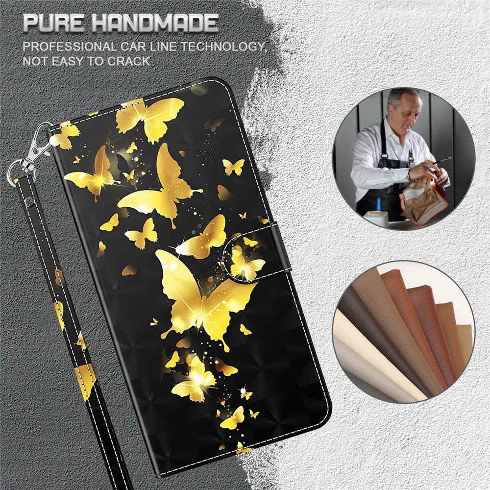 For iPhone 14 6.1 inch Shockproof PU Leather Phone Case Stand 3D Pattern Printed Magnet Closure Wallet Full Protection Phone Cover with Strap