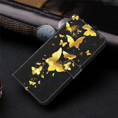 For iPhone 14 6.1 inch Shockproof PU Leather Phone Case Stand 3D Pattern Printed Magnet Closure Wallet Full Protection Phone Cover with Strap