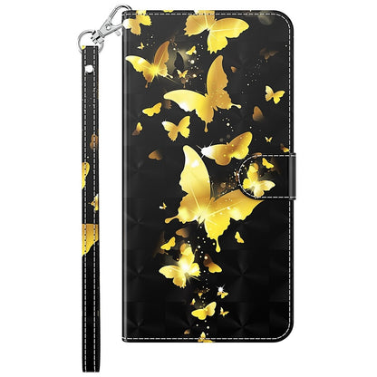 For iPhone 14 6.1 inch Shockproof PU Leather Phone Case Stand 3D Pattern Printed Magnet Closure Wallet Full Protection Phone Cover with Strap