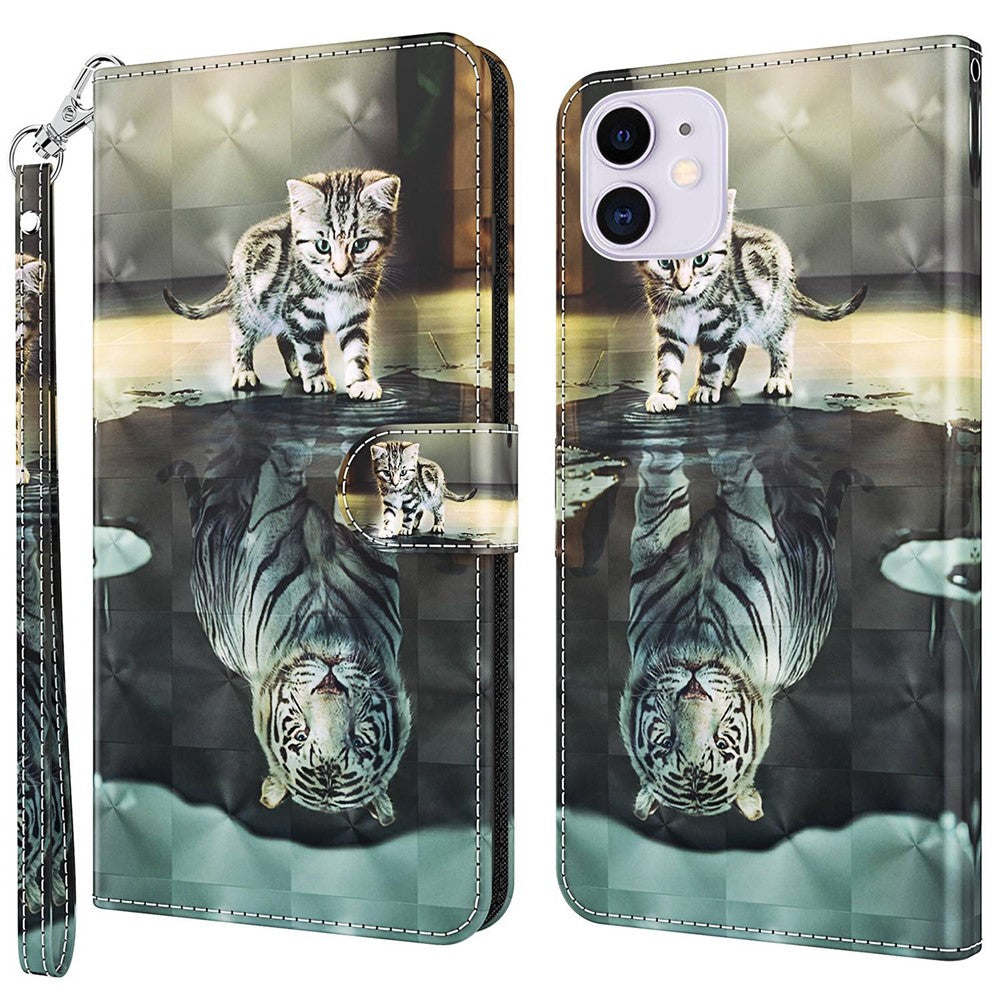 For iPhone 14 6.1 inch Shockproof PU Leather Phone Case Stand 3D Pattern Printed Magnet Closure Wallet Full Protection Phone Cover with Strap