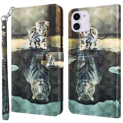 For iPhone 14 6.1 inch Shockproof PU Leather Phone Case Stand 3D Pattern Printed Magnet Closure Wallet Full Protection Phone Cover with Strap