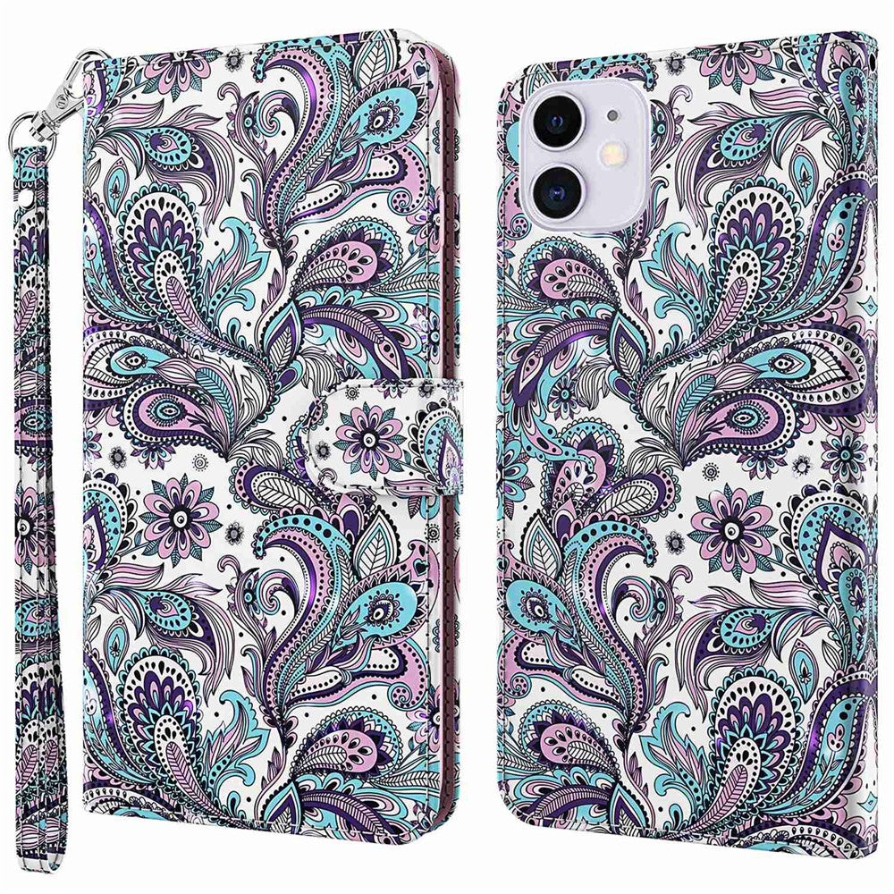 For iPhone 14 6.1 inch Shockproof PU Leather Phone Case Stand 3D Pattern Printed Magnet Closure Wallet Full Protection Phone Cover with Strap