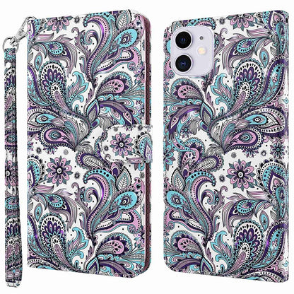For iPhone 14 6.1 inch Shockproof PU Leather Phone Case Stand 3D Pattern Printed Magnet Closure Wallet Full Protection Phone Cover with Strap
