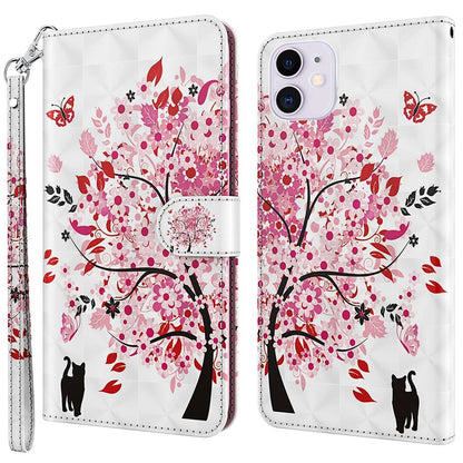 For iPhone 14 6.1 inch Shockproof PU Leather Phone Case Stand 3D Pattern Printed Magnet Closure Wallet Full Protection Phone Cover with Strap