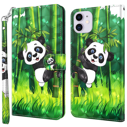 For iPhone 14 6.1 inch Shockproof PU Leather Phone Case Stand 3D Pattern Printed Magnet Closure Wallet Full Protection Phone Cover with Strap