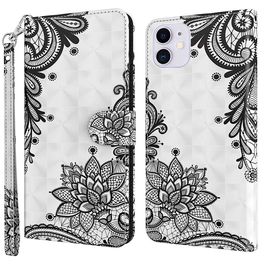 For iPhone 14 6.1 inch Shockproof PU Leather Phone Case Stand 3D Pattern Printed Magnet Closure Wallet Full Protection Phone Cover with Strap