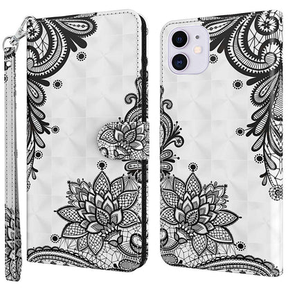 For iPhone 14 6.1 inch Shockproof PU Leather Phone Case Stand 3D Pattern Printed Magnet Closure Wallet Full Protection Phone Cover with Strap