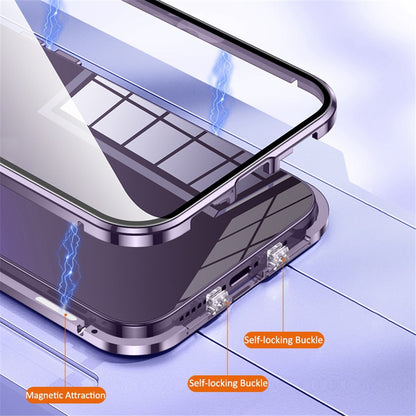 For iPhone 14 Anti-Scratch Phone Case Full Guard Shockproof Case Magnetic Metal Frame + Tempered Glass Phone Cover with Self-Locking Buckle