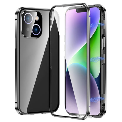 For iPhone 14 Anti-Scratch Phone Case Full Guard Shockproof Case Magnetic Metal Frame + Tempered Glass Phone Cover with Self-Locking Buckle