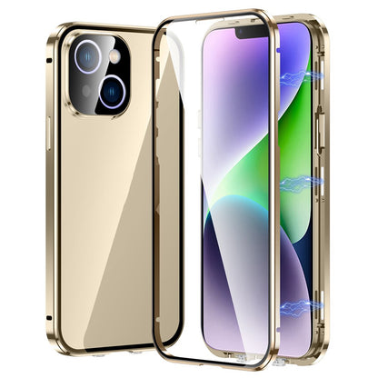 For iPhone 14 Anti-Scratch Phone Case Full Guard Shockproof Case Magnetic Metal Frame + Tempered Glass Phone Cover with Self-Locking Buckle