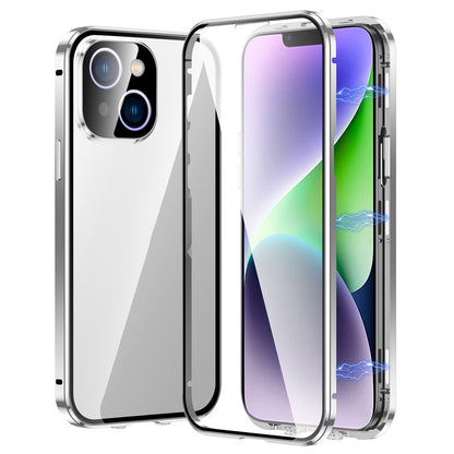 For iPhone 14 Anti-Scratch Phone Case Full Guard Shockproof Case Magnetic Metal Frame + Tempered Glass Phone Cover with Self-Locking Buckle