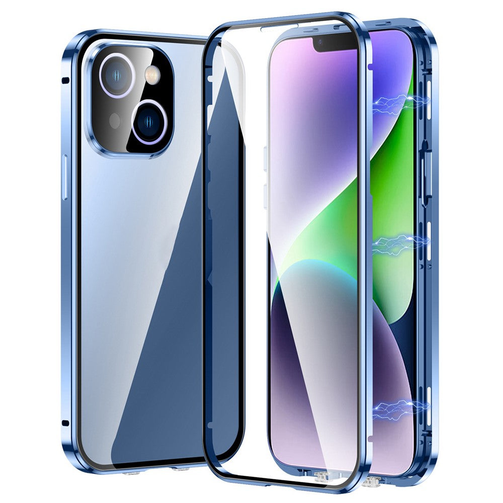 For iPhone 14 Anti-Scratch Phone Case Full Guard Shockproof Case Magnetic Metal Frame + Tempered Glass Phone Cover with Self-Locking Buckle