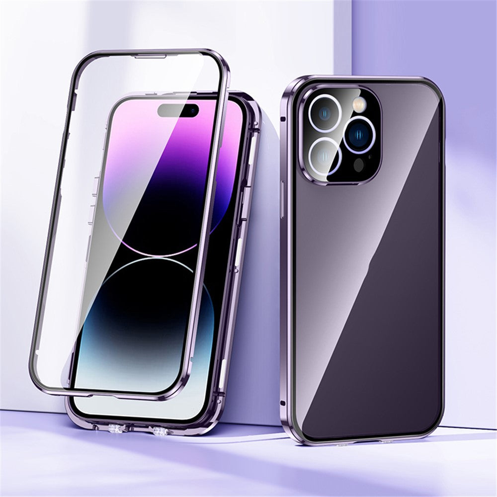 For iPhone 15 Pro Double Sides Tempered Glass Phone Case Straight Edge Metal Frame Buckle Magnetic Phone Cover