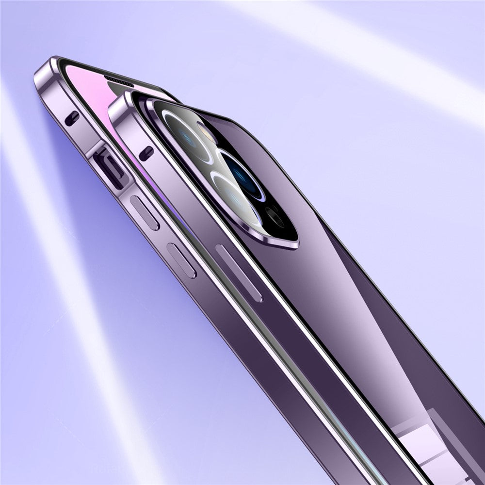 For iPhone 15 Pro Double Sides Tempered Glass Phone Case Straight Edge Metal Frame Buckle Magnetic Phone Cover