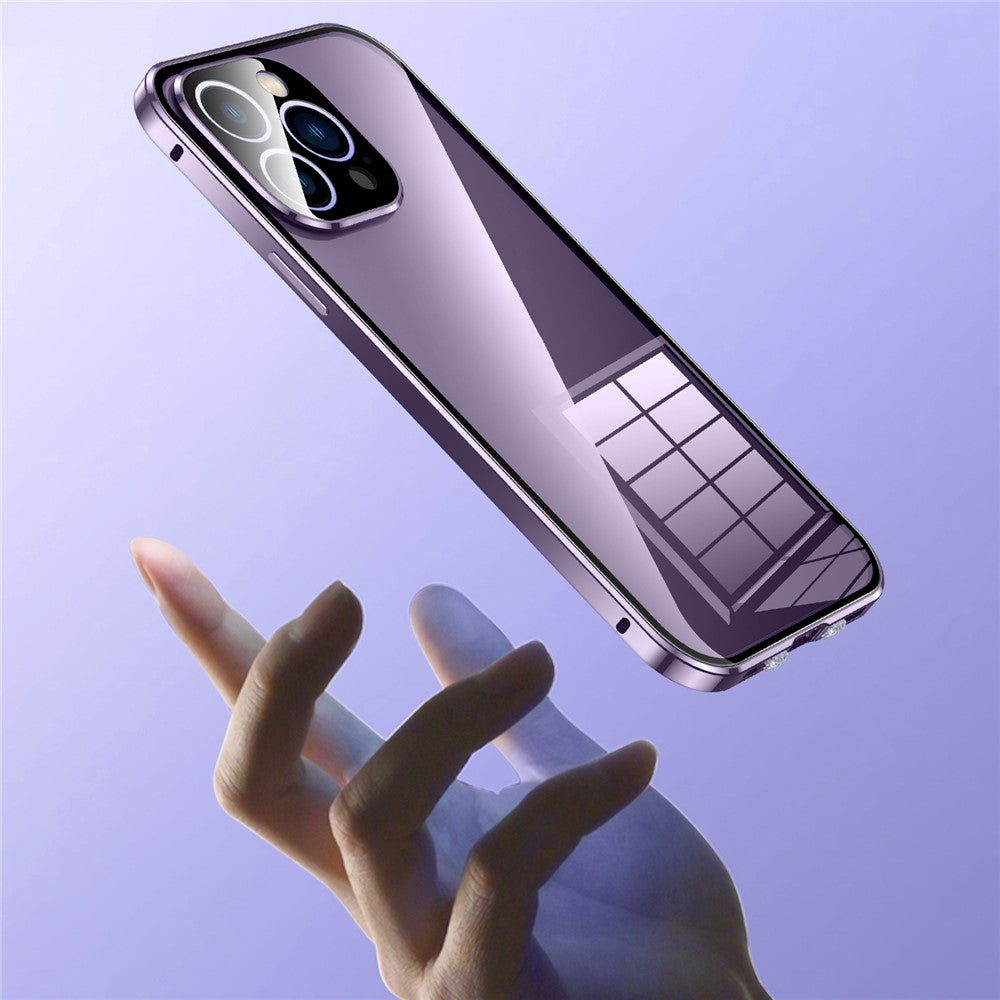 For iPhone 15 Pro Double Sides Tempered Glass Phone Case Straight Edge Metal Frame Buckle Magnetic Phone Cover
