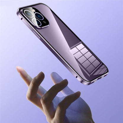 For iPhone 15 Pro Double Sides Tempered Glass Phone Case Straight Edge Metal Frame Buckle Magnetic Phone Cover