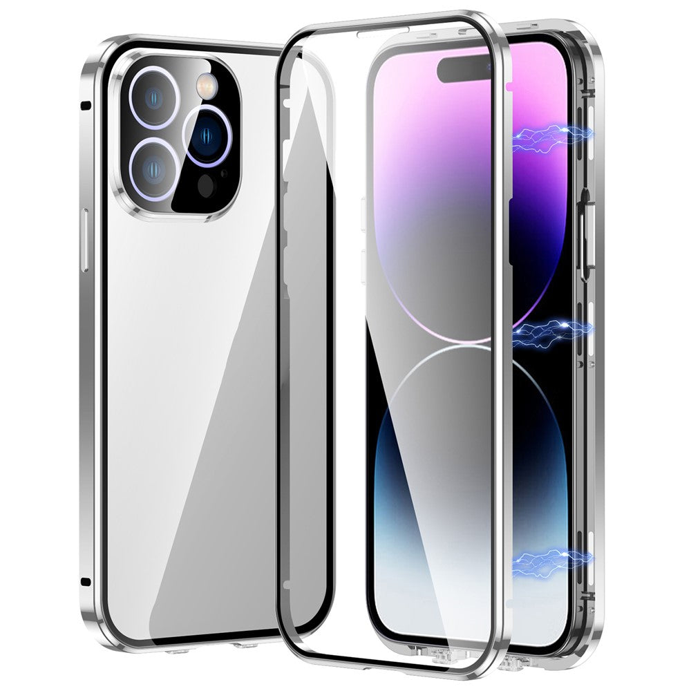 For iPhone 15 Pro Double Sides Tempered Glass Phone Case Straight Edge Metal Frame Buckle Magnetic Phone Cover