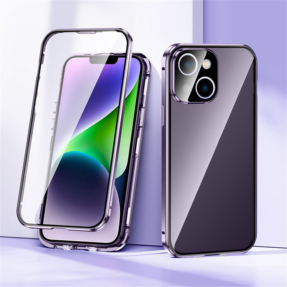 For iPhone 15 Plus Straight Edge Phone Case Double Sides Tempered Glass Metal Frame Magnetic Cover with Buckle