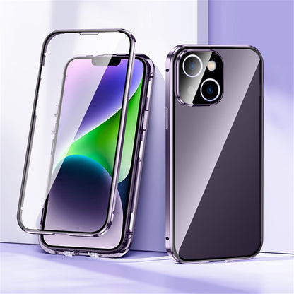 For iPhone 15 Plus Straight Edge Phone Case Double Sides Tempered Glass Metal Frame Magnetic Cover with Buckle