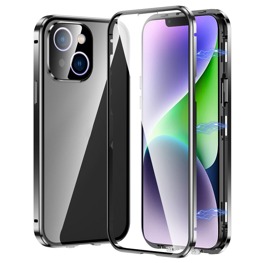 For iPhone 15 Plus Straight Edge Phone Case Double Sides Tempered Glass Metal Frame Magnetic Cover with Buckle