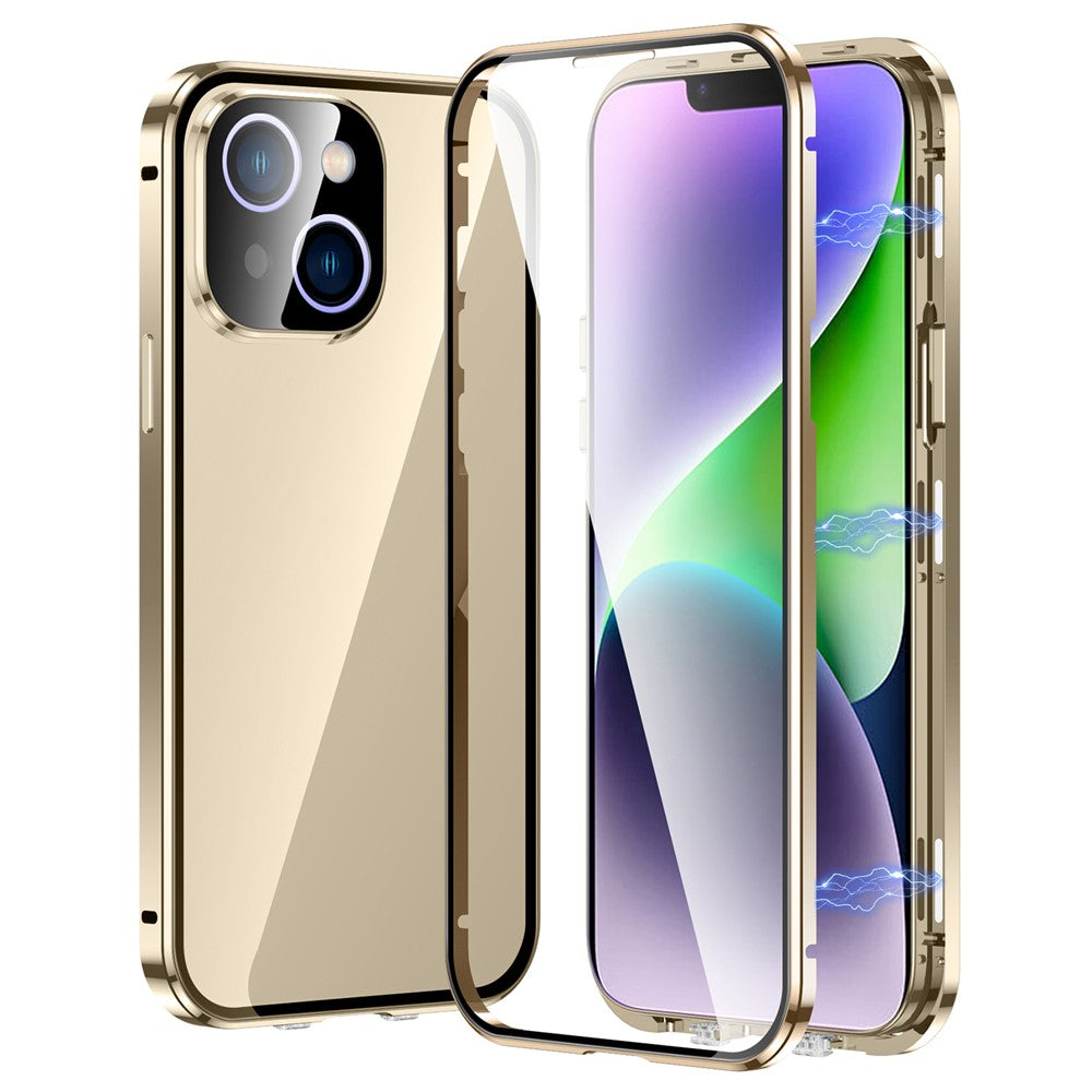 For iPhone 15 Plus Straight Edge Phone Case Double Sides Tempered Glass Metal Frame Magnetic Cover with Buckle