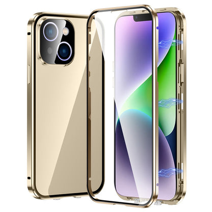 For iPhone 15 Plus Straight Edge Phone Case Double Sides Tempered Glass Metal Frame Magnetic Cover with Buckle