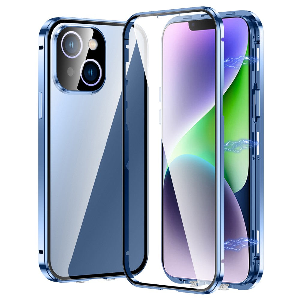 For iPhone 15 Plus Straight Edge Phone Case Double Sides Tempered Glass Metal Frame Magnetic Cover with Buckle