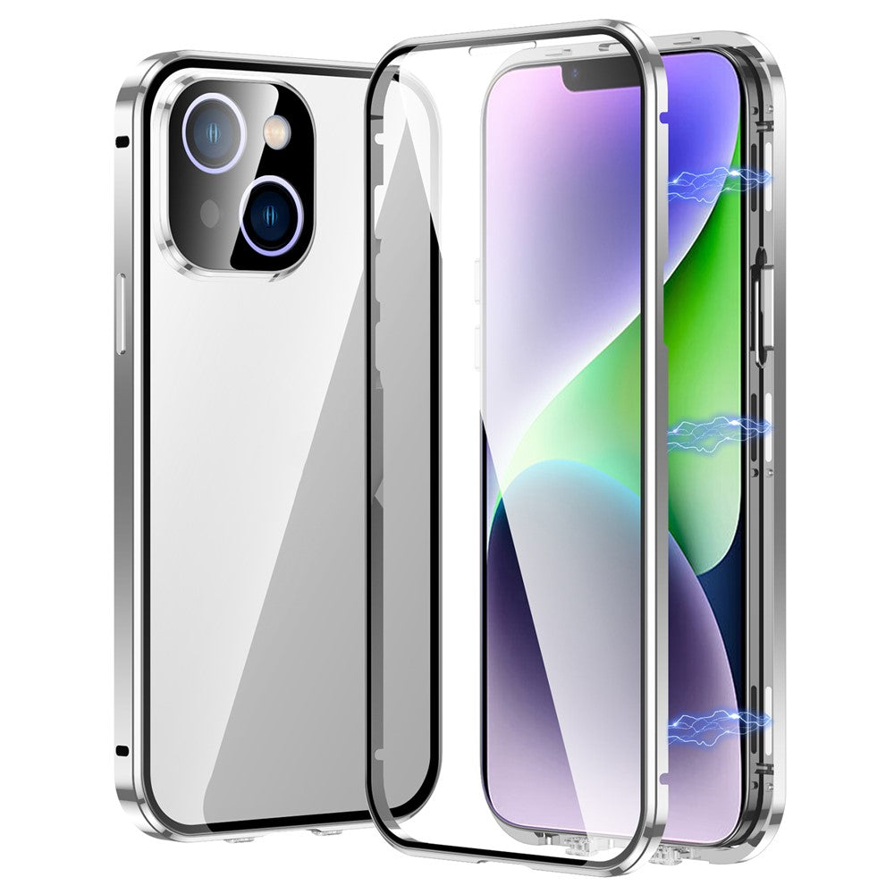 For iPhone 15 Plus Straight Edge Phone Case Double Sides Tempered Glass Metal Frame Magnetic Cover with Buckle