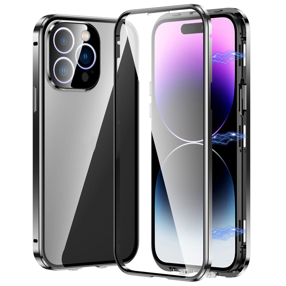 For iPhone 15 Pro Max Double Sides Tempered Glass+Metal Frame Case Straight Edge Magnetic Phone Cover with Buckle