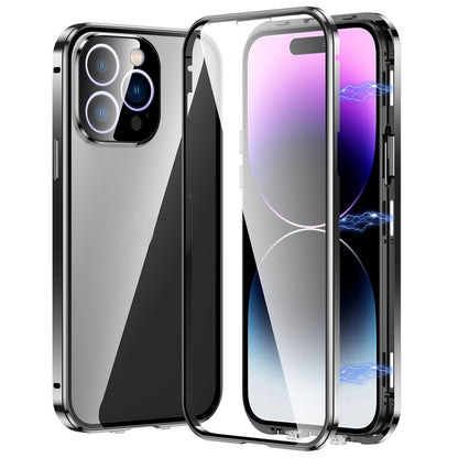 For iPhone 15 Pro Max Double Sides Tempered Glass+Metal Frame Case Straight Edge Magnetic Phone Cover with Buckle
