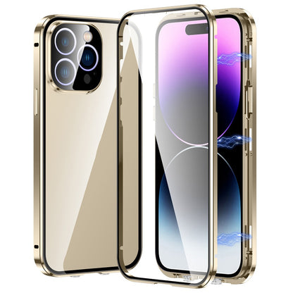 For iPhone 15 Pro Max Double Sides Tempered Glass+Metal Frame Case Straight Edge Magnetic Phone Cover with Buckle