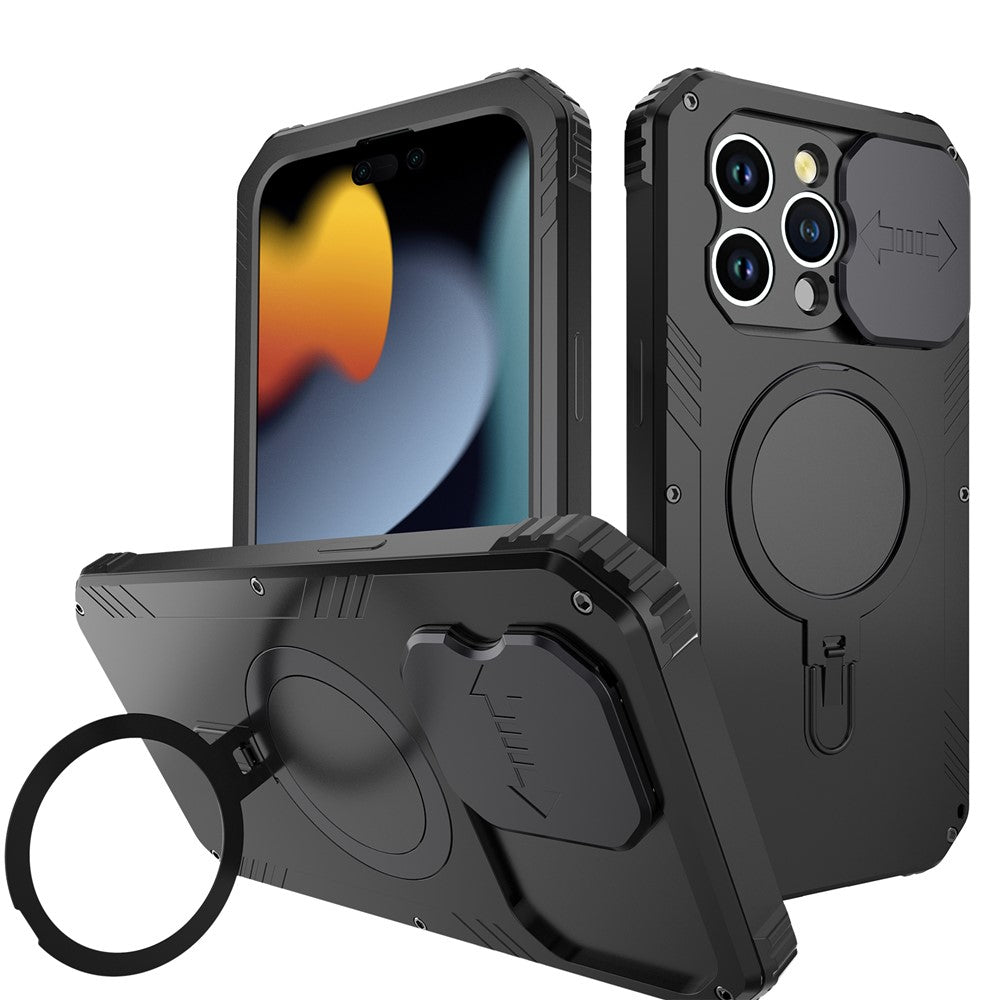 Magnetic Drop-roof Metal+Silicone Case for iPhone 15 Pro Camera Slider Tempered Glass Film Cover Compatible with MagSafe