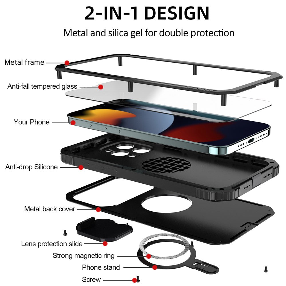 Magnetic Drop-roof Metal+Silicone Case for iPhone 15 Pro Camera Slider Tempered Glass Film Cover Compatible with MagSafe