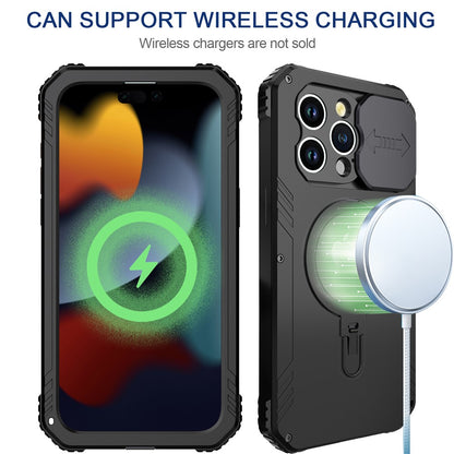 Magnetic Drop-roof Metal+Silicone Case for iPhone 15 Pro Camera Slider Tempered Glass Film Cover Compatible with MagSafe