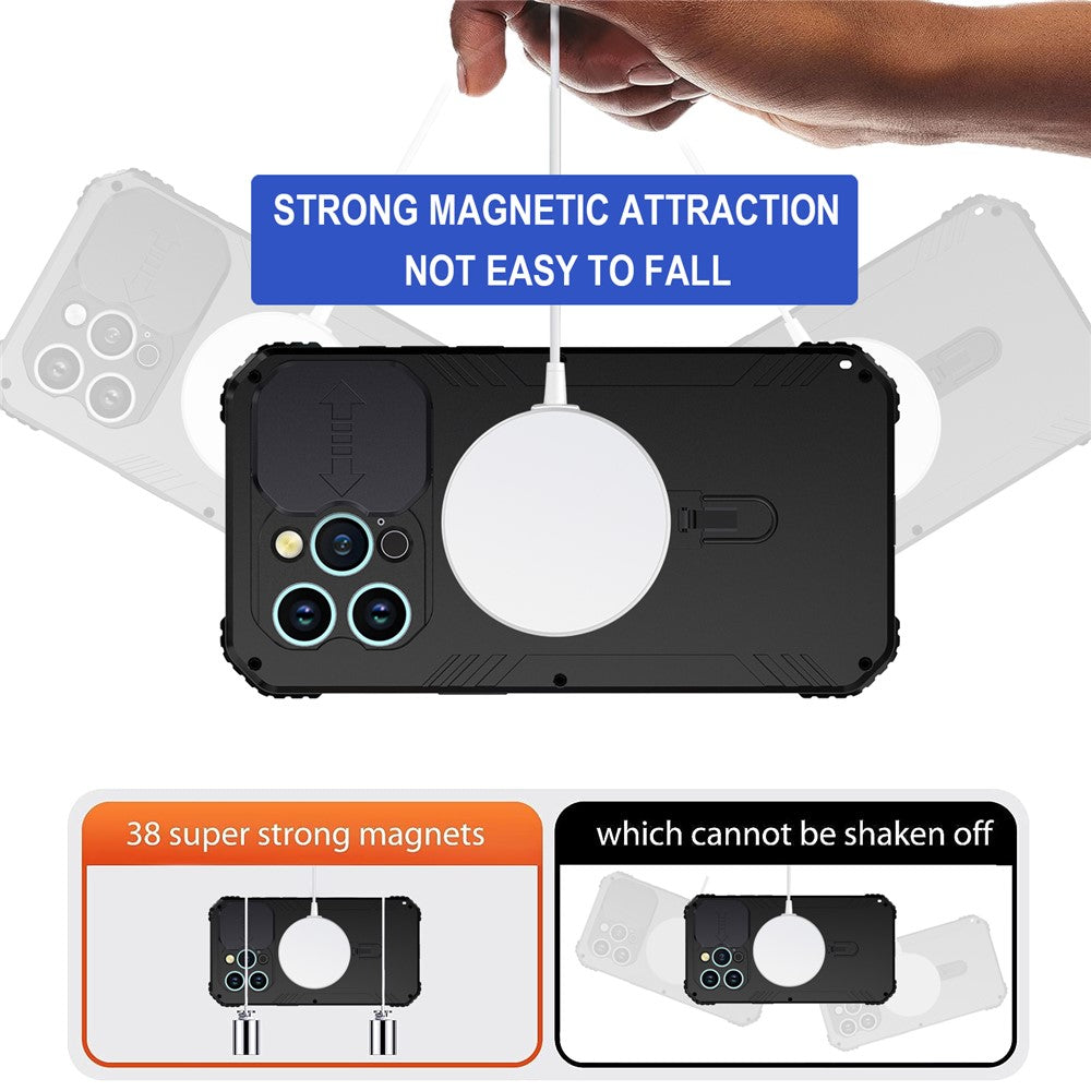 Magnetic Drop-roof Metal+Silicone Case for iPhone 15 Pro Camera Slider Tempered Glass Film Cover Compatible with MagSafe