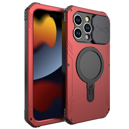 Magnetic Drop-roof Metal+Silicone Case for iPhone 15 Pro Camera Slider Tempered Glass Film Cover Compatible with MagSafe