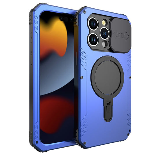 Camera Slider Anti-drop Phone Case for iPhone 15 Pro Max Metal+Silicone Cover with Tempered Glass Film Compatible with MagSafe