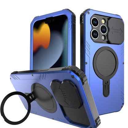 Camera Slider Anti-drop Phone Case for iPhone 15 Pro Max Metal+Silicone Cover with Tempered Glass Film Compatible with MagSafe