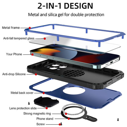 Camera Slider Anti-drop Phone Case for iPhone 15 Pro Max Metal+Silicone Cover with Tempered Glass Film Compatible with MagSafe