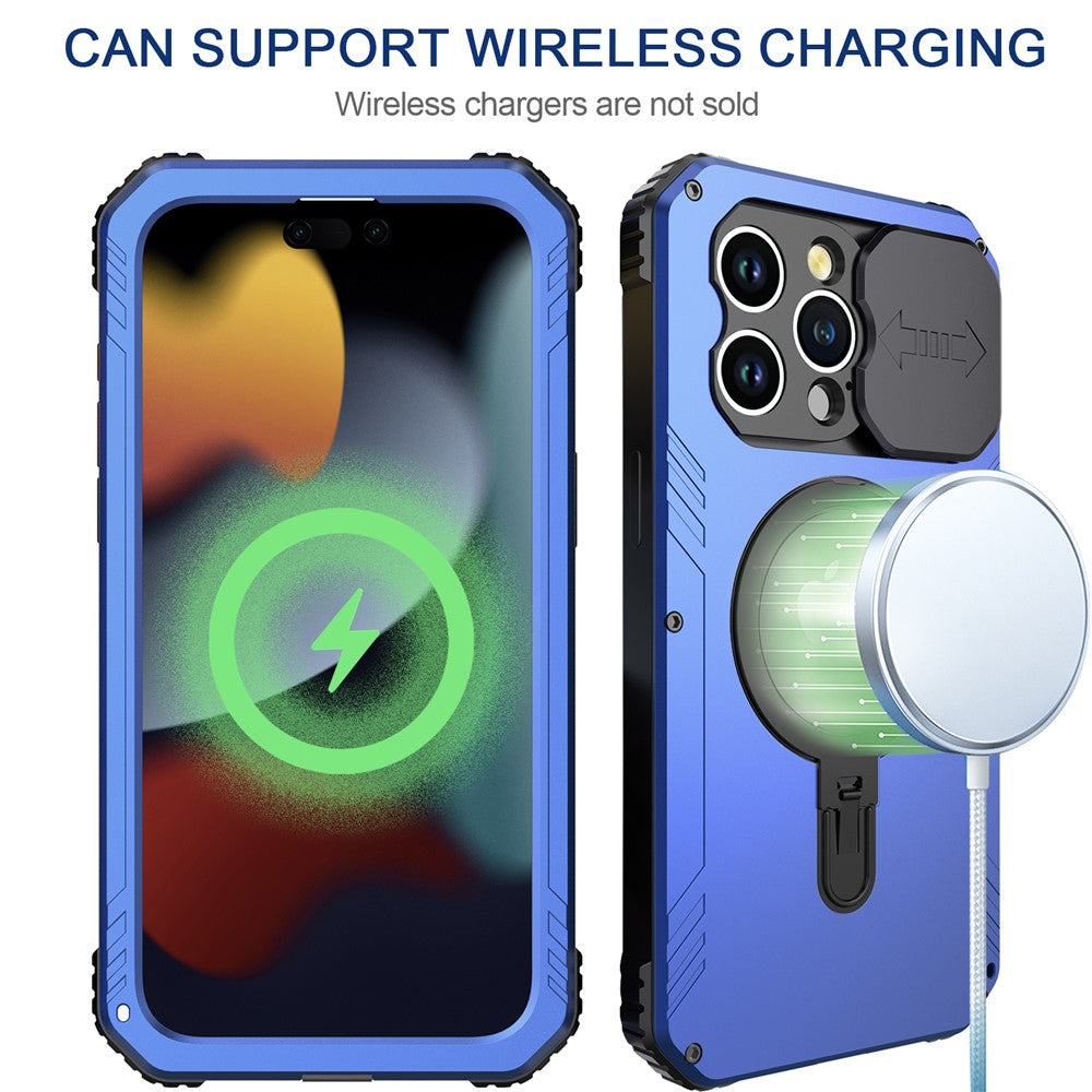 Camera Slider Anti-drop Phone Case for iPhone 15 Pro Max Metal+Silicone Cover with Tempered Glass Film Compatible with MagSafe