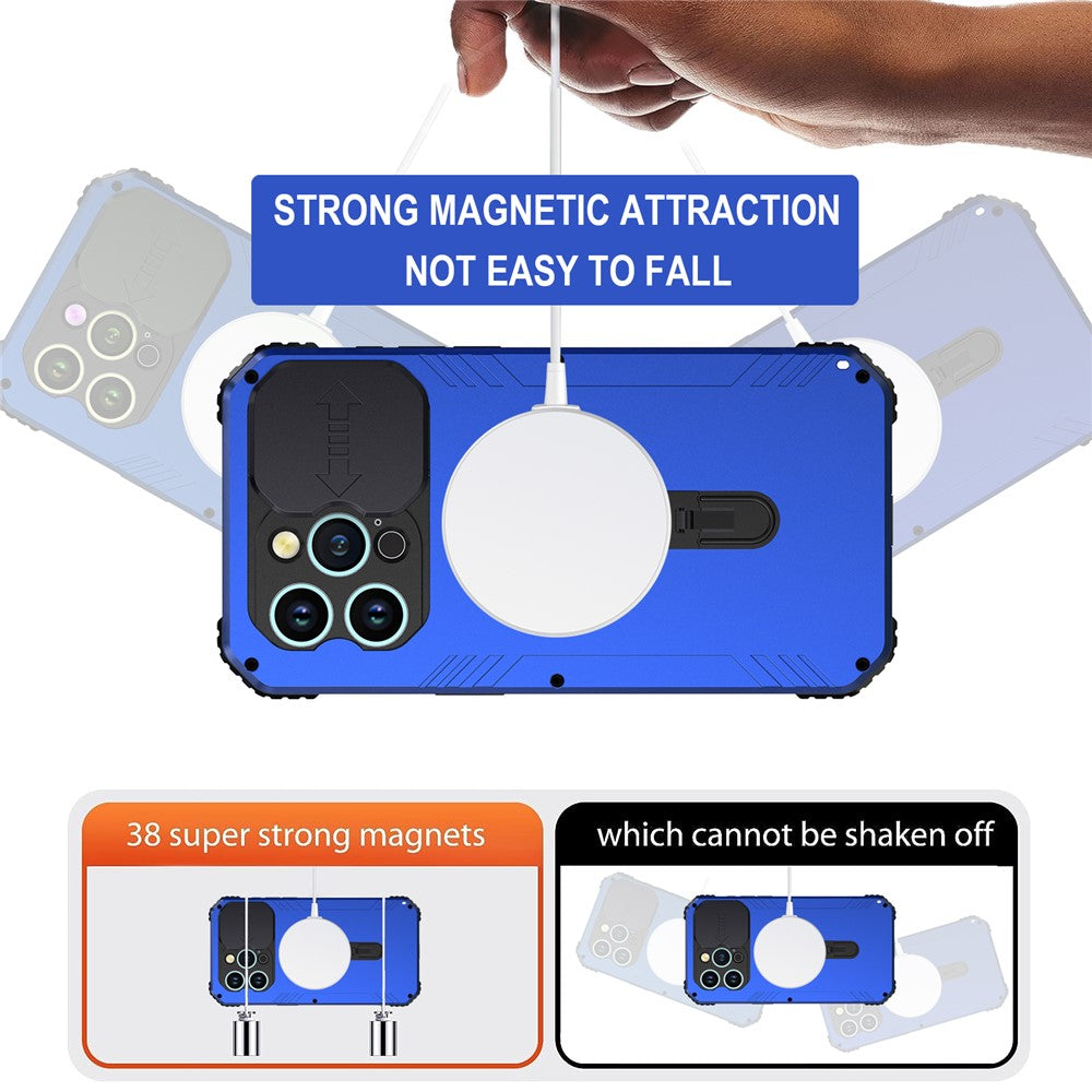 Camera Slider Anti-drop Phone Case for iPhone 15 Pro Max Metal+Silicone Cover with Tempered Glass Film Compatible with MagSafe