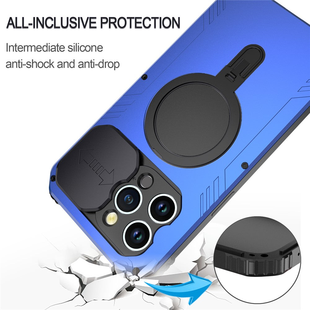 Camera Slider Anti-drop Phone Case for iPhone 15 Pro Max Metal+Silicone Cover with Tempered Glass Film Compatible with MagSafe