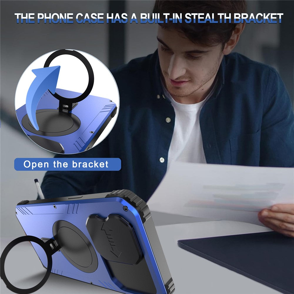 Camera Slider Anti-drop Phone Case for iPhone 15 Pro Max Metal+Silicone Cover with Tempered Glass Film Compatible with MagSafe