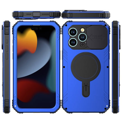 Camera Slider Anti-drop Phone Case for iPhone 15 Pro Max Metal+Silicone Cover with Tempered Glass Film Compatible with MagSafe