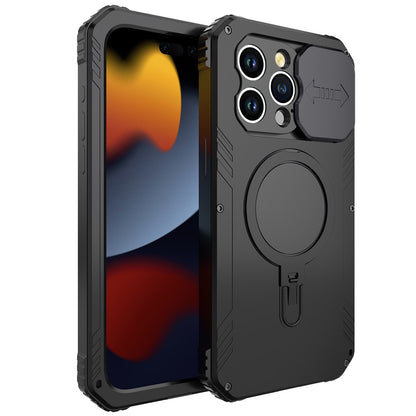 Camera Slider Anti-drop Phone Case for iPhone 15 Pro Max Metal+Silicone Cover with Tempered Glass Film Compatible with MagSafe
