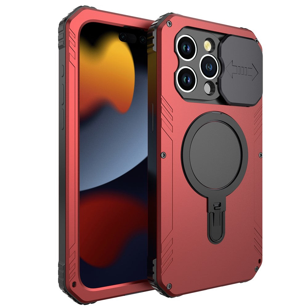 Camera Slider Anti-drop Phone Case for iPhone 15 Pro Max Metal+Silicone Cover with Tempered Glass Film Compatible with MagSafe