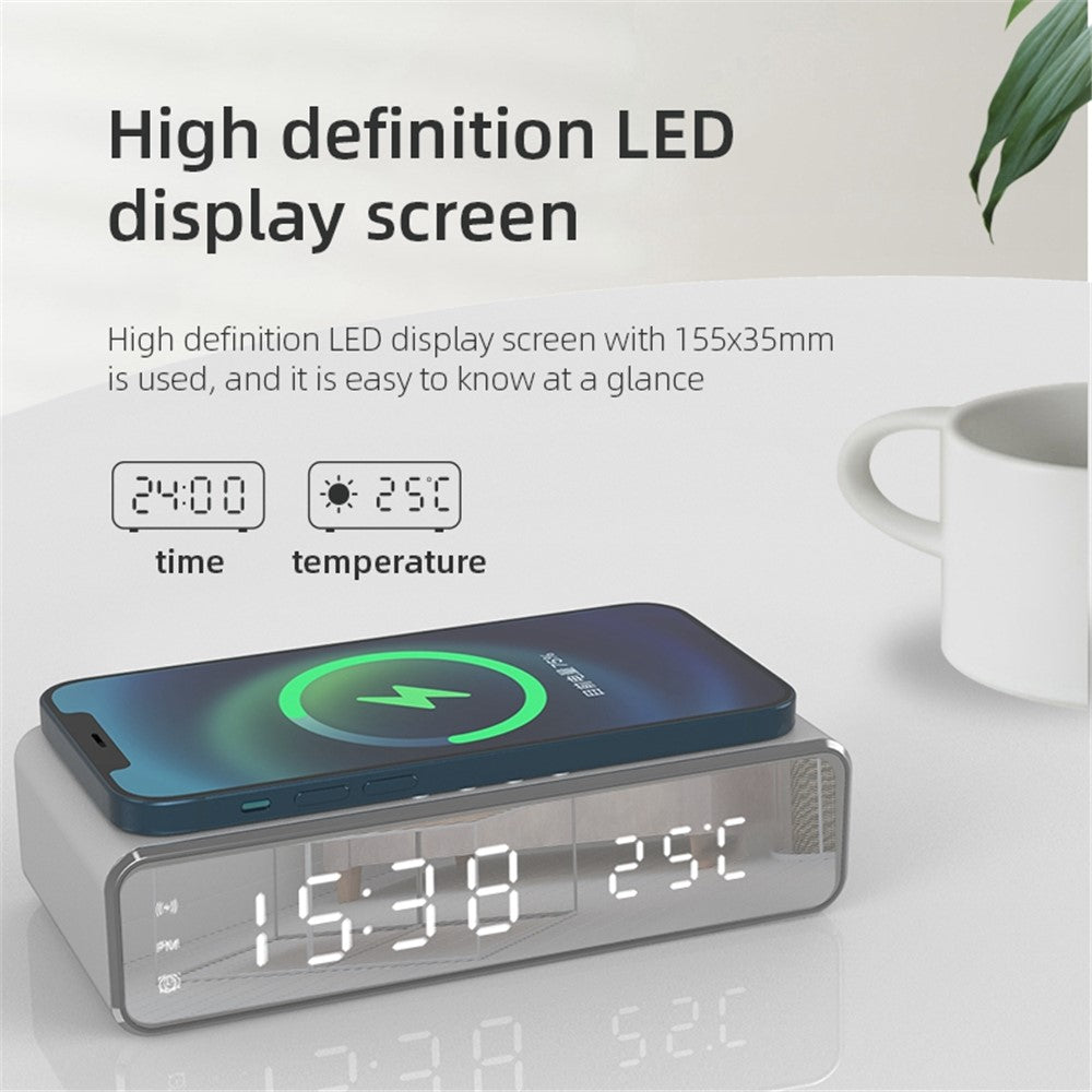 HYY-WX03 Multifunctional Desktop LED Digital Display Alarm Clock Mirror Surface Thermometer with Wireless Charger Function