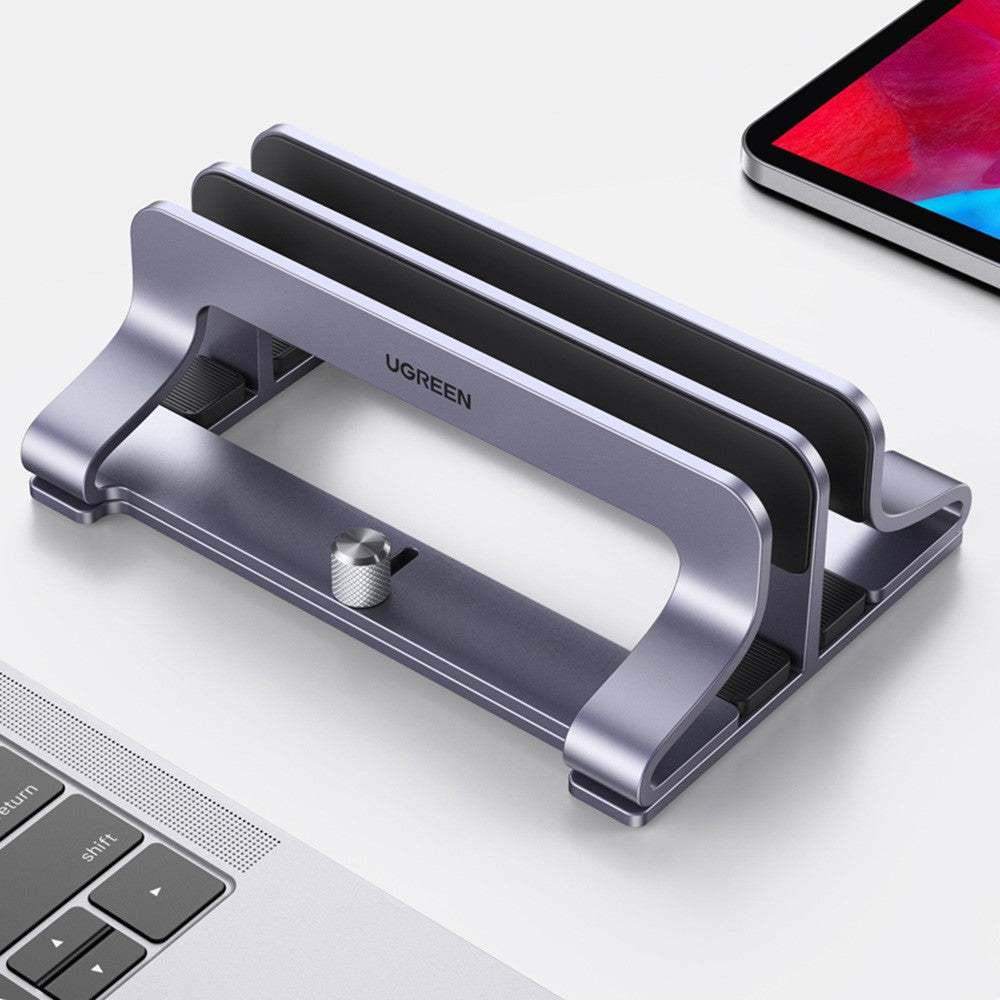 UGREEN 60643 Vertical Desktop Laptop Stand Dual Slot Aluminum Tablet Holder for MacBook Air Pro PC Anti-scratch Adjustable Notebook Rack with Silicone Pads
